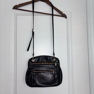 B. Makowsky Black Pebbled Leather Crossbody Bag With Goldtone Hardware.